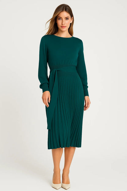 Dames Midi Jurk Lange Mouwen Plissé met Ceintuur Elegante Stijl