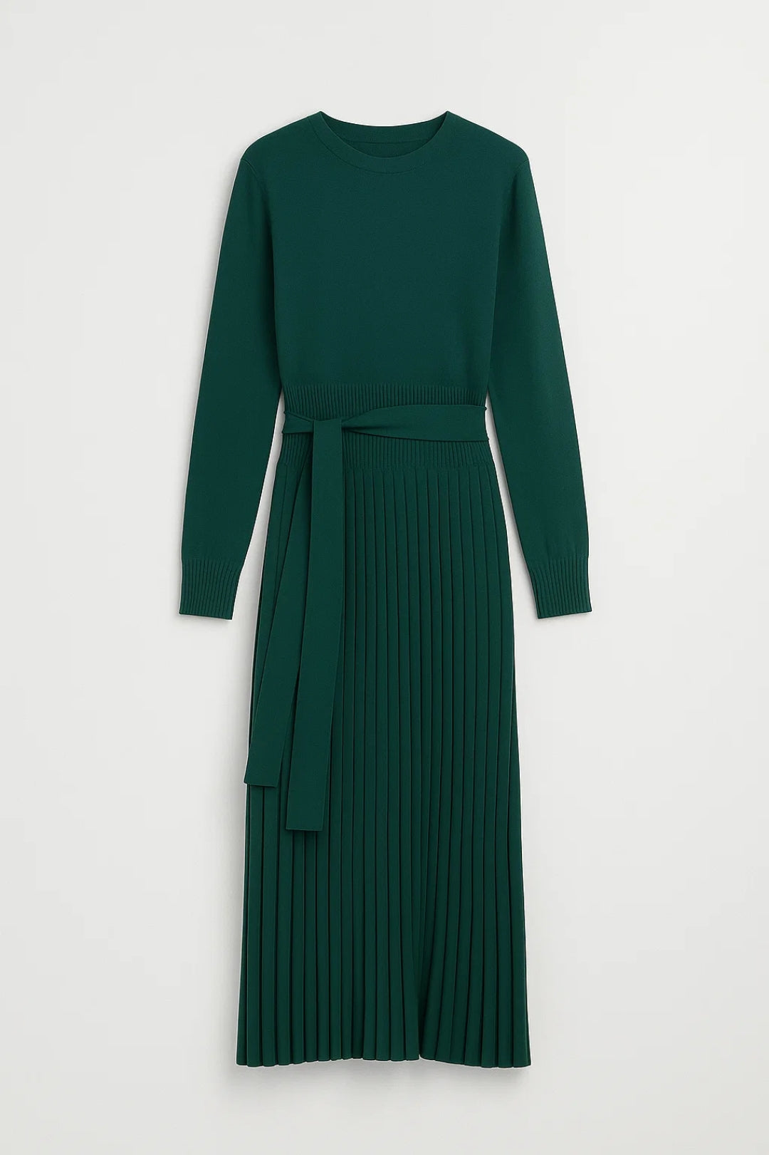Dames Midi Jurk Lange Mouwen Plissé met Ceintuur Elegante Stijl - StudioMarella