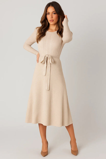 Midi Jurk Dames Lange Mouwen Gebreid met Ceintuur Casual - StudioMarella