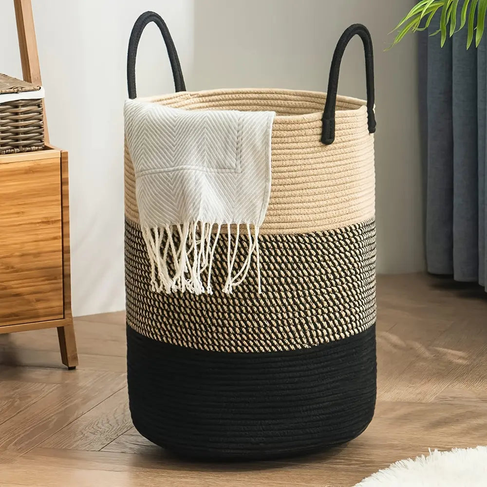 Gevlochten Wasmand Katoen 58L – Natuurlijk Opbergoplossing met Stevige Handvatten – Opvouwbare Wasmand voor Slaapkamer en Badkamer