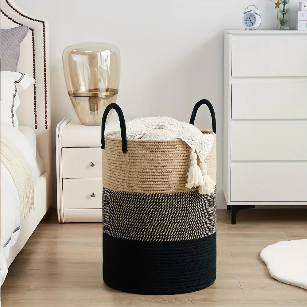 Gevlochten Wasmand Katoen 58L – Natuurlijk Opbergoplossing met Stevige Handvatten – Opvouwbare Wasmand voor Slaapkamer en Badkamer