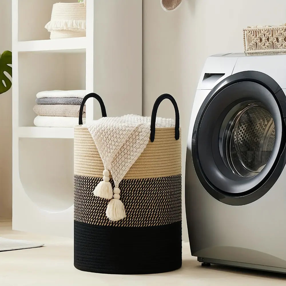 Gevlochten Wasmand Katoen 58L – Natuurlijk Opbergoplossing met Stevige Handvatten – Opvouwbare Wasmand voor Slaapkamer en Badkamer