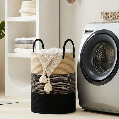 Gevlochten Wasmand Katoen 58L – Natuurlijk Opbergoplossing met Stevige Handvatten – Opvouwbare Wasmand voor Slaapkamer en Badkamer