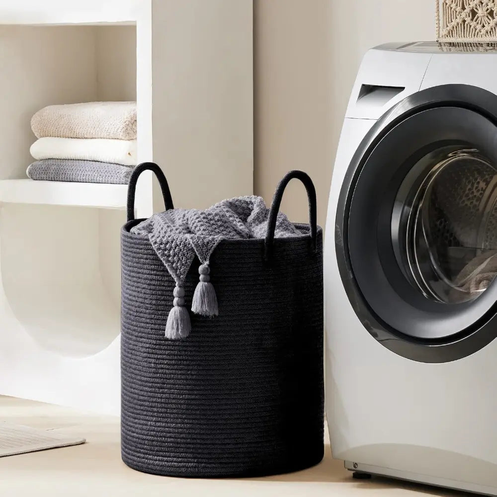 Gevlochten Wasmand Katoen 58L – Natuurlijk Opbergoplossing met Stevige Handvatten – Opvouwbare Wasmand voor Slaapkamer en Badkamer