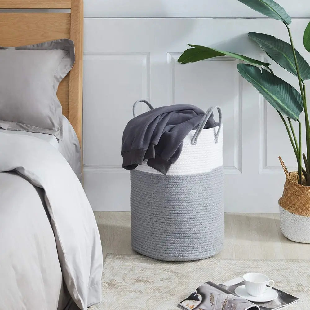 Gevlochten Wasmand Katoen 58L – Natuurlijk Opbergoplossing met Stevige Handvatten – Opvouwbare Wasmand voor Slaapkamer en Badkamer