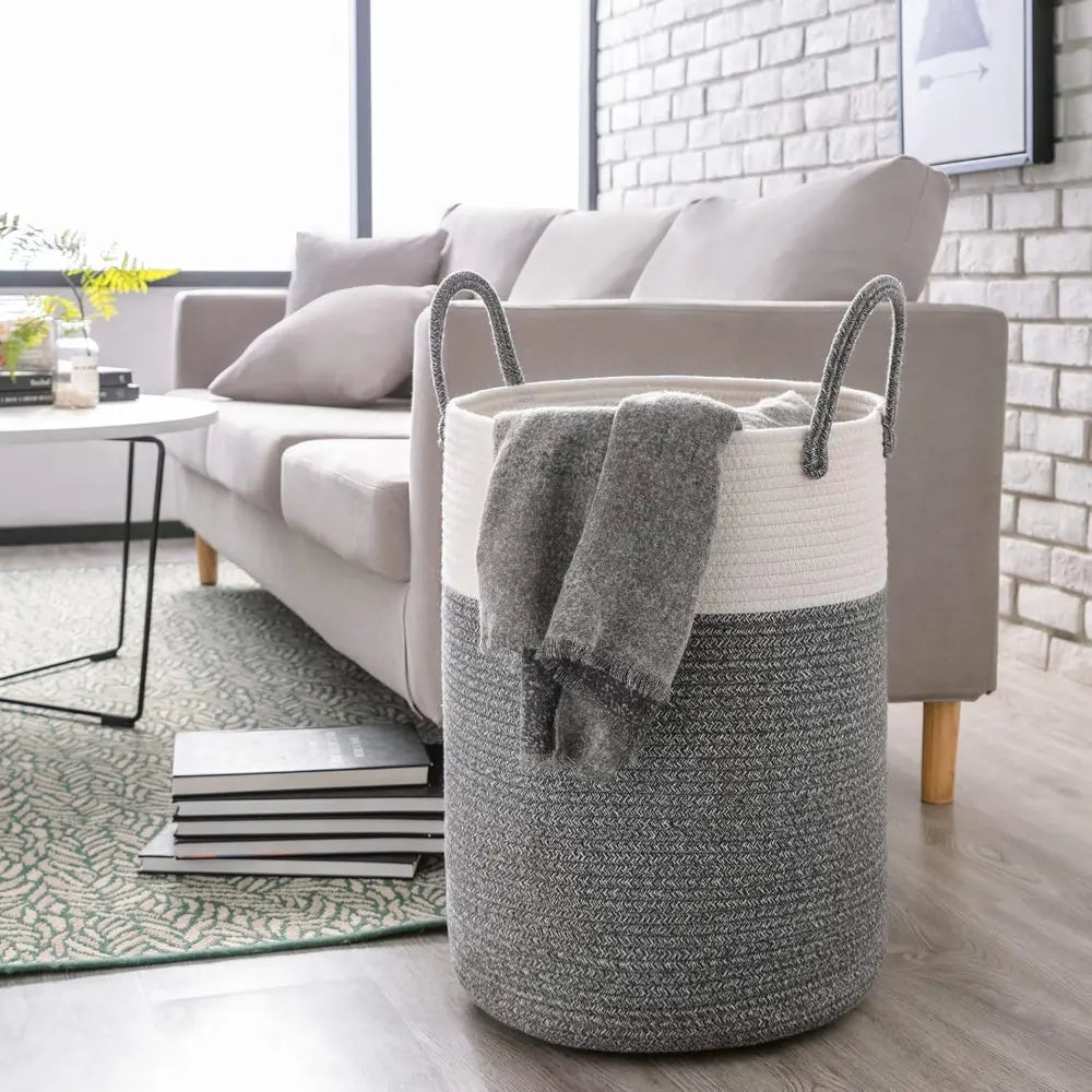 Gevlochten Wasmand Katoen 58L – Natuurlijk Opbergoplossing met Stevige Handvatten – Opvouwbare Wasmand voor Slaapkamer en Badkamer