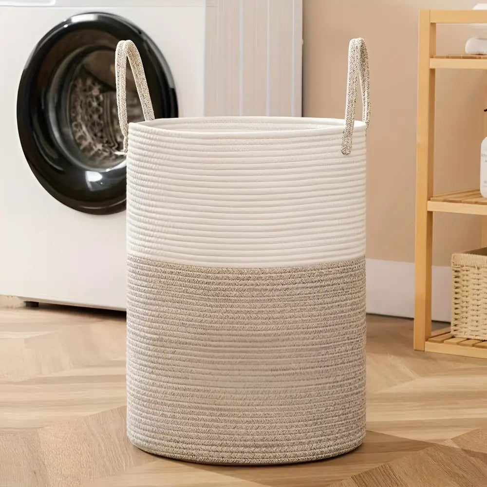 Gevlochten Wasmand Katoen 58L – Natuurlijk Opbergoplossing met Stevige Handvatten – Opvouwbare Wasmand voor Slaapkamer en Badkamer