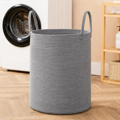 Gevlochten Wasmand Katoen 58L – Natuurlijk Opbergoplossing met Stevige Handvatten – Opvouwbare Wasmand voor Slaapkamer en Badkamer