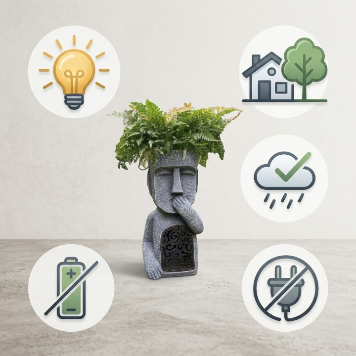 Gezicht Plantenpot met Zonne-LED Verlichting Grijs Kunstharz 25 cm Drie Wijze Apen Motief Sculptuur voor Tuin Terras Binnen en Buiten Weerbestendig Decoratief Solarpaneel Minimalistische Gezichtsvorm