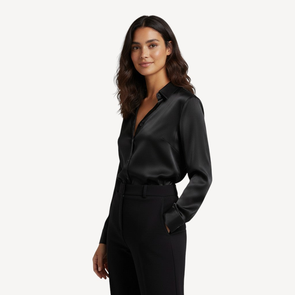 Dames Blouse Satijn Lange Mouwen Knoopsluiting