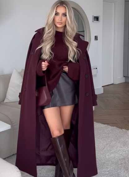 Rode Wol Coat Koningsblauw Langer Model