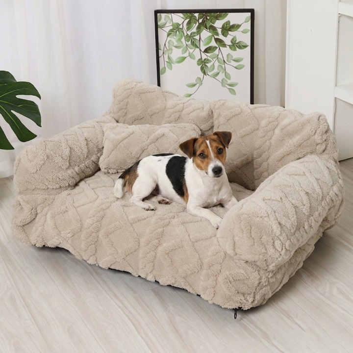 Pluche Hondenmand met Verhoogde Rand Beige Khaki Grijs Zwart Rustgevend Kussen S M L Katoenvulling