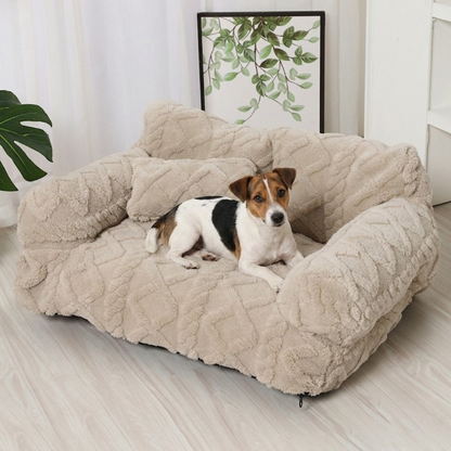 Pluche Hondenmand met Verhoogde Rand Beige Khaki Grijs Zwart Rustgevend Kussen S M L Katoenvulling