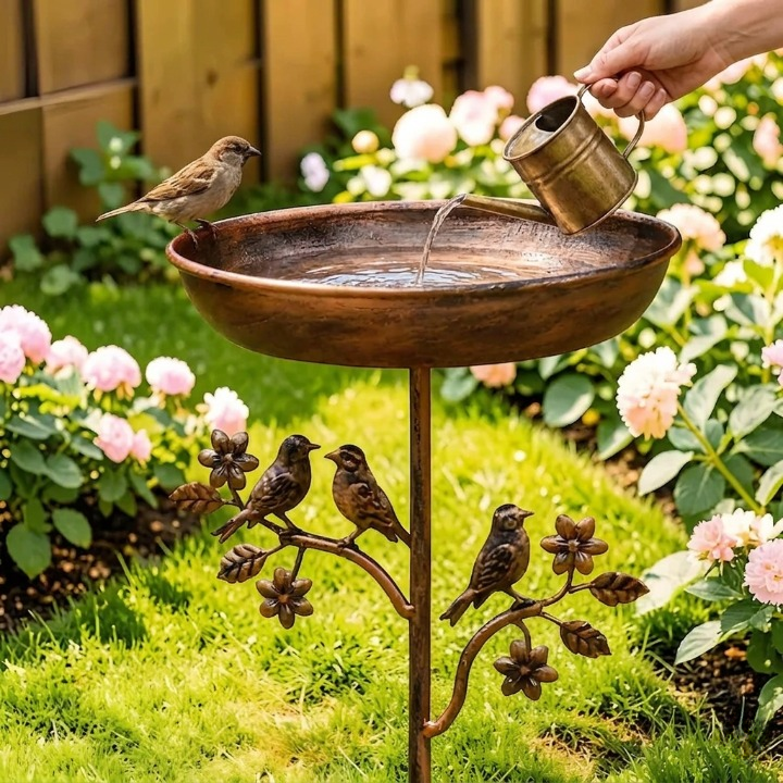 Drinkschaal voor Tuinvogels op Metalen Prikker met Vintage Koperkleur 76cm Hoog Demontabel