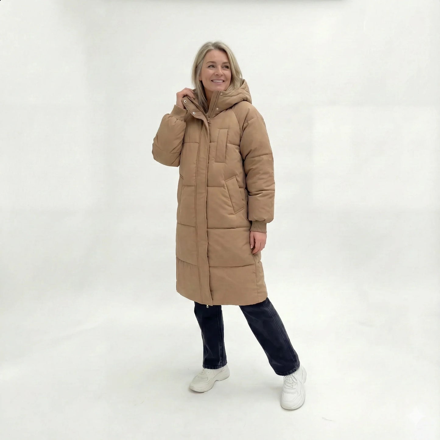 Dames Lange Gewatteerde Winterjas Met Capuchon