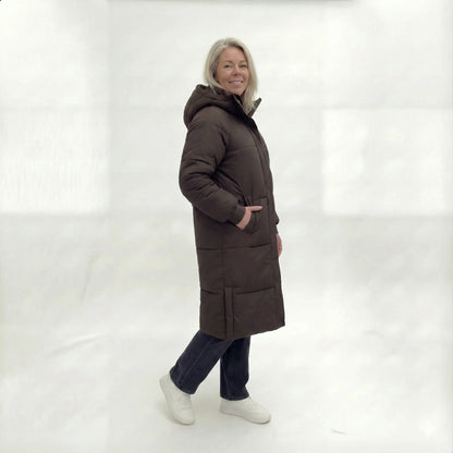 Dames Lange Gewatteerde Winterjas Met Capuchon