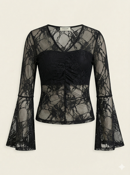 Vrouwelijke Bloemen Shirt Met V-hals en Kanten Details - StudioMarella