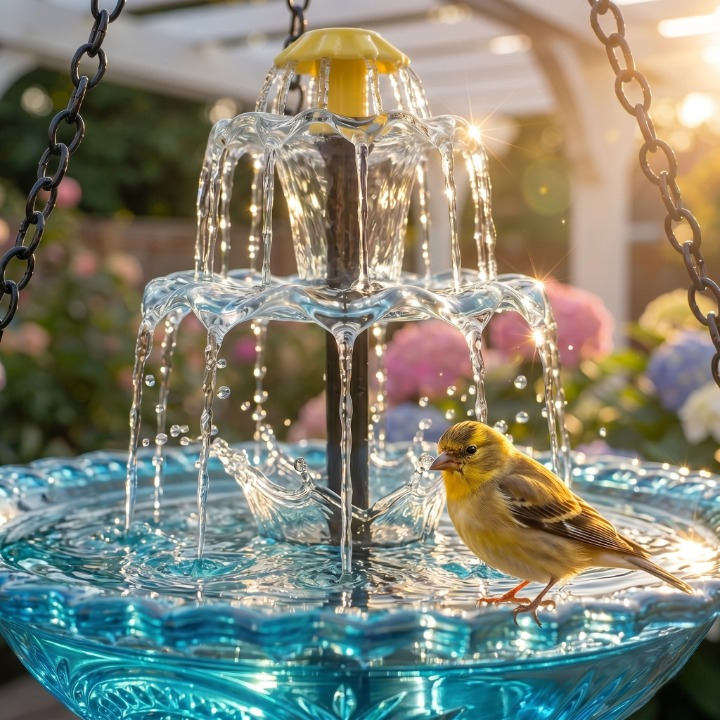 Hangende Zonnevogeldrinkbak Glas Fontein 2-Traps 25,5cm Tuin Terras Balkon Zonne-energie Kabellos Vogelbad Waterval Blauw Roze Zwart