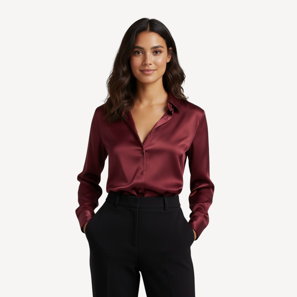 Dames Blouse Satijn Lange Mouwen Knoopsluiting