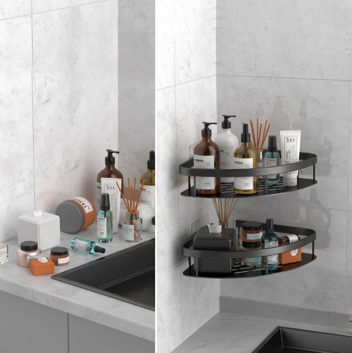 Aluminium Hoekplank voor Douche en Badkamer zonder Boren met Sterke Kleefpad Zwart Zilver