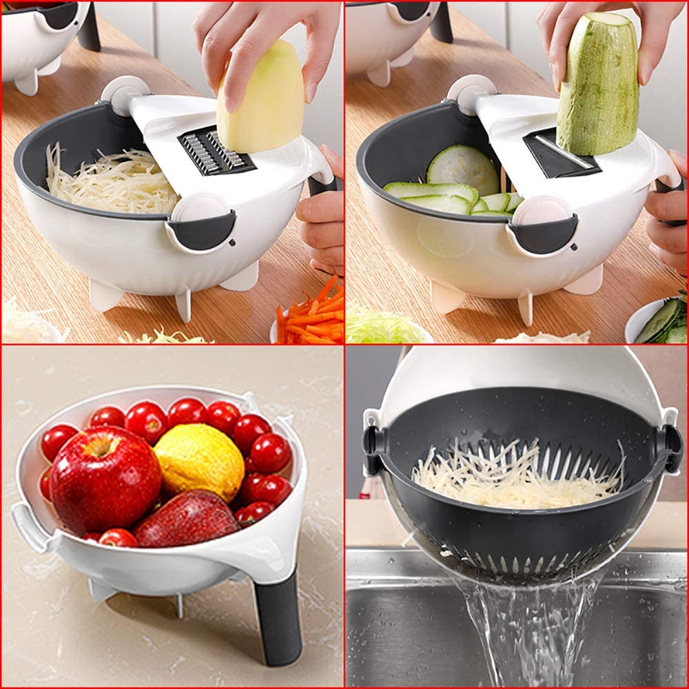 Groentesnijder Multifunctioneel met Vergiet - Rasp Schaaf Julienne Set - Keukensnijder - Inclusief Meerdere Messen - Wit Grijs