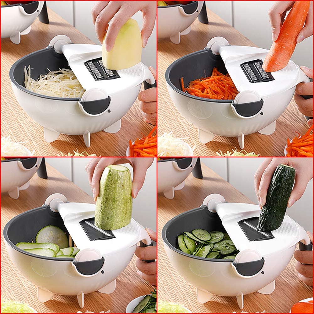 Groentesnijder Multifunctioneel met Vergiet - Rasp Schaaf Julienne Set - Keukensnijder - Inclusief Meerdere Messen - Wit Grijs