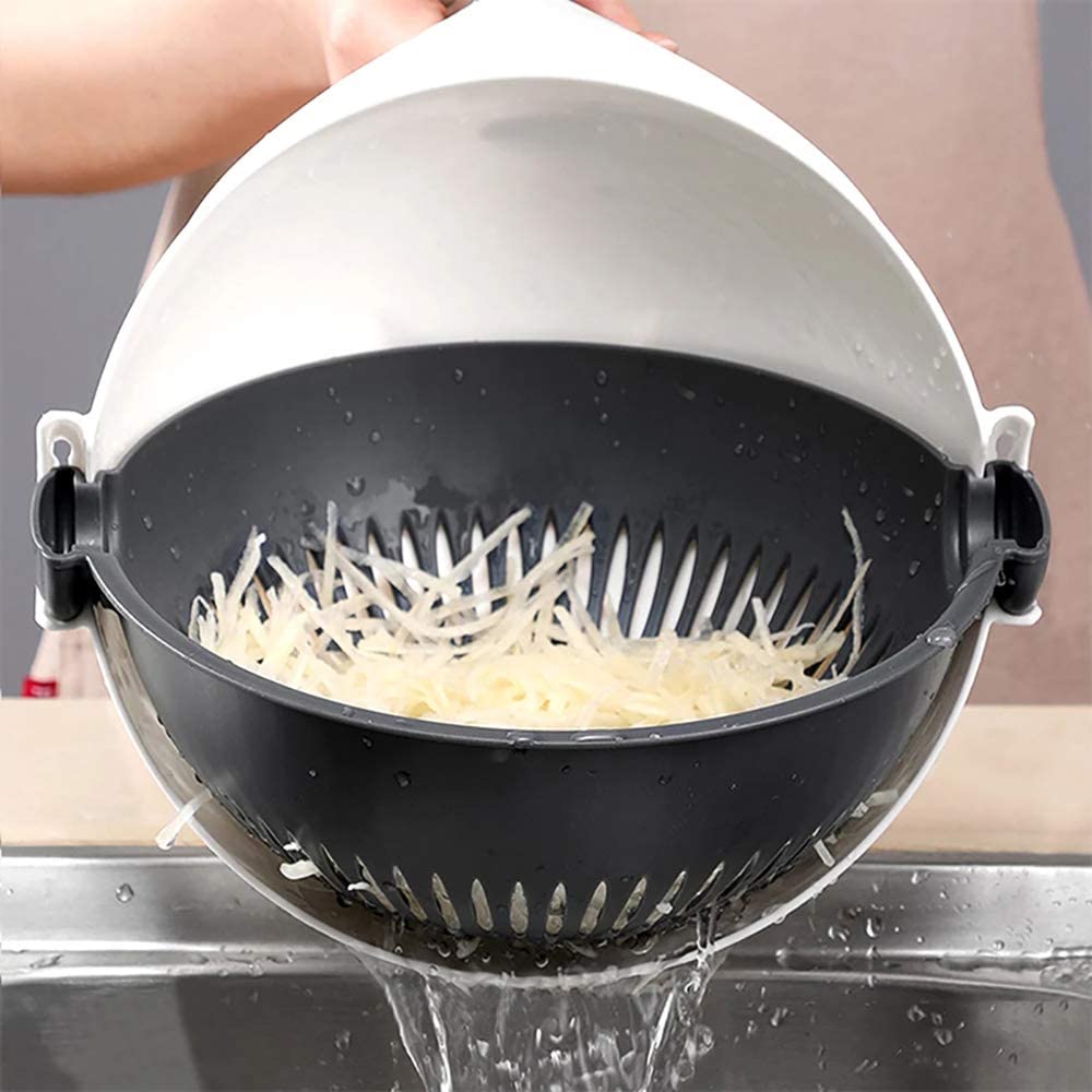 Groentesnijder Multifunctioneel met Vergiet - Rasp Schaaf Julienne Set - Keukensnijder - Inclusief Meerdere Messen - Wit Grijs