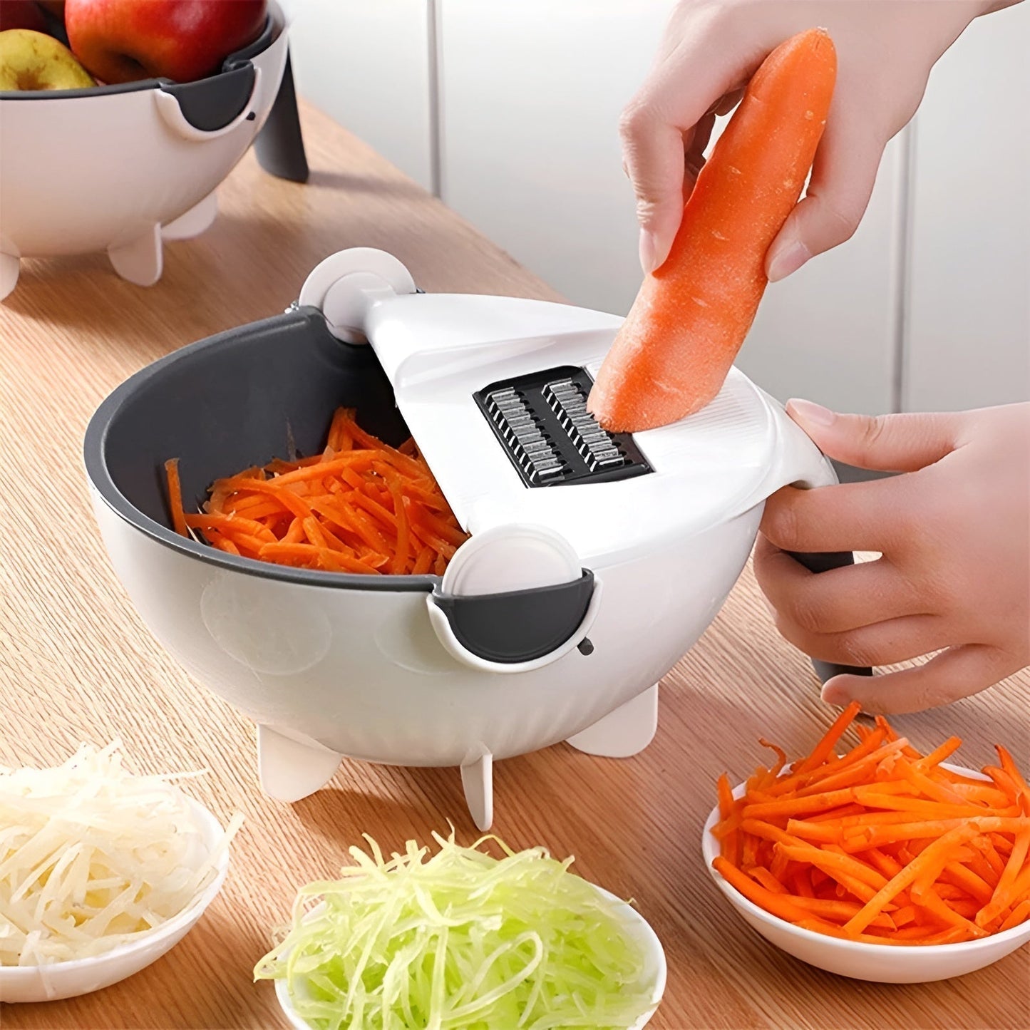Groentesnijder Multifunctioneel met Vergiet - Rasp Schaaf Julienne Set - Keukensnijder - Inclusief Meerdere Messen - Wit Grijs