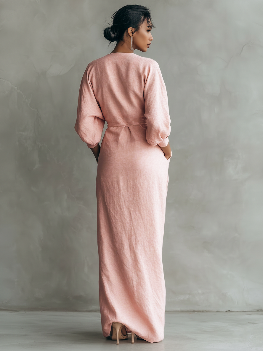 Dames maxi-jurk linnen met V-hals