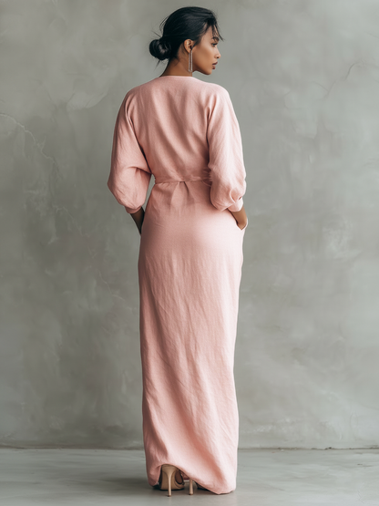 Dames maxi-jurk linnen met V-hals