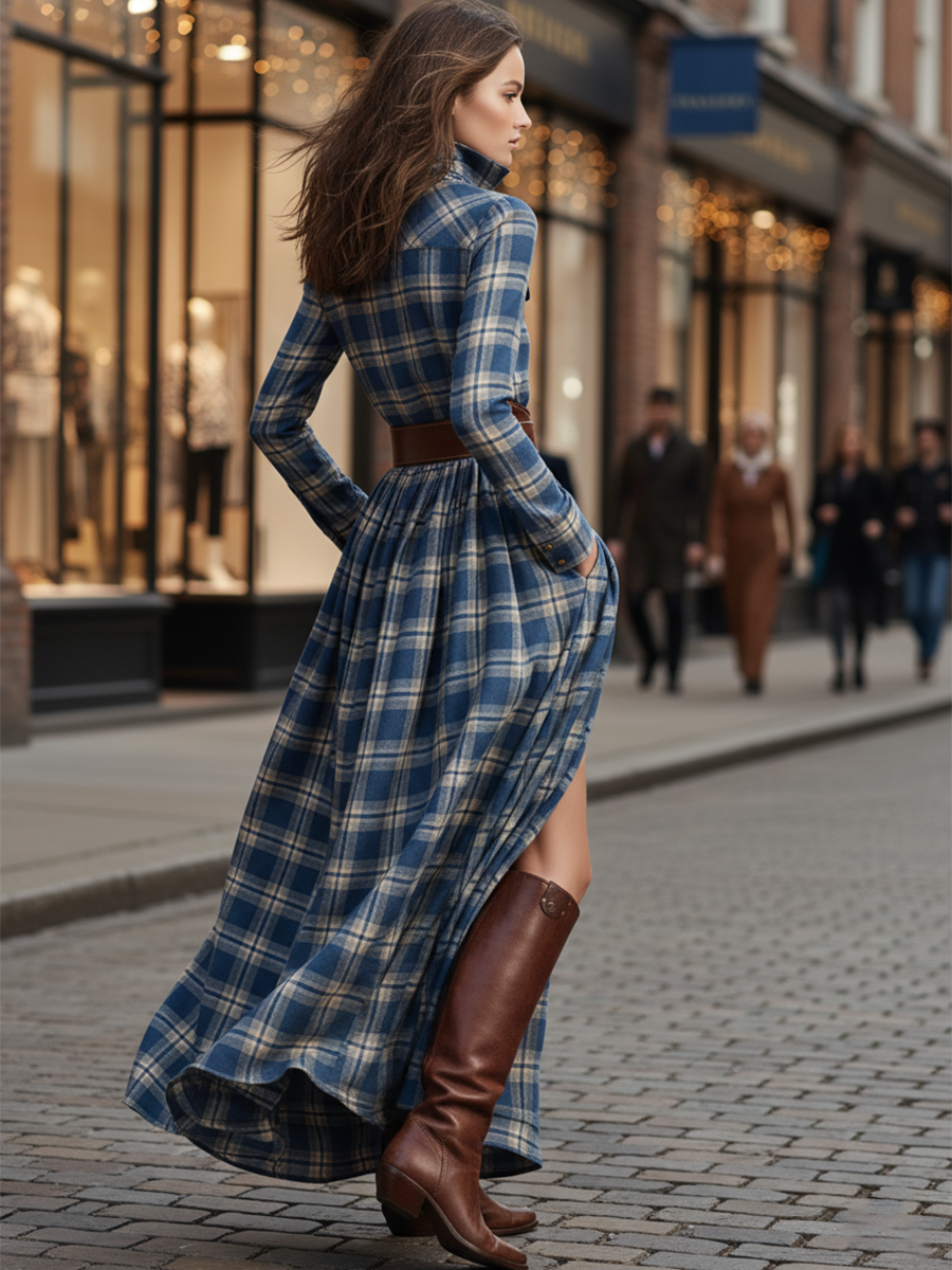 Dames Maxi Jurk Roodbruin Ruitpatroon met Ceintuur