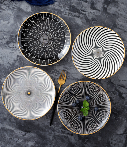 Porseleinen Bord Geometrisch Zwart Wit Goudrand Decoratief Tafelservies Set