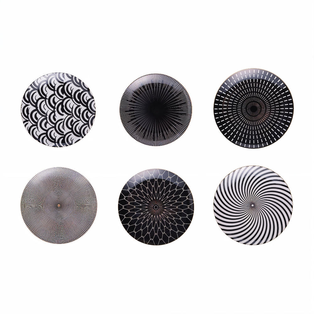 Porseleinen Bord Geometrisch Zwart Wit Goudrand Decoratief Tafelservies Set