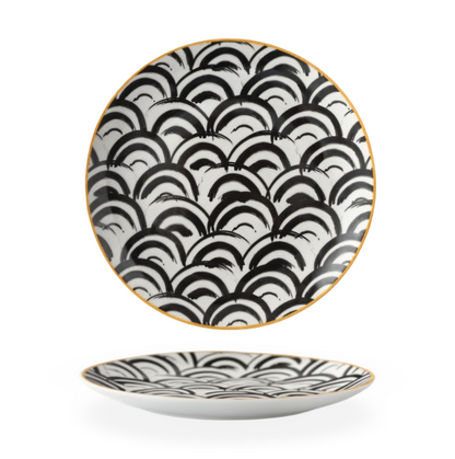 Porseleinen Bord Geometrisch Zwart Wit Goudrand Decoratief Tafelservies Set