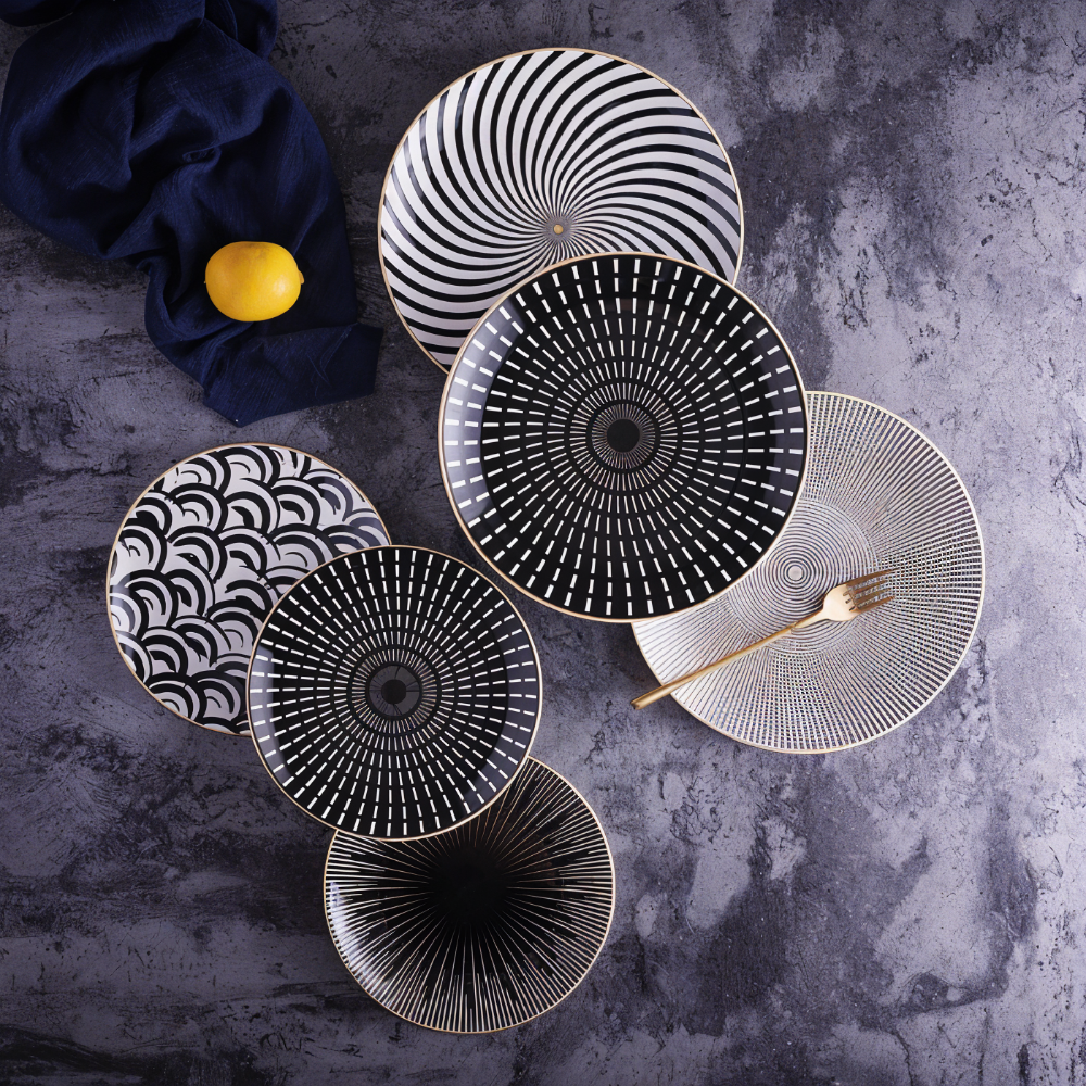 Porseleinen Bord Geometrisch Zwart Wit Goudrand Decoratief Tafelservies Set