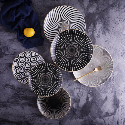 Porseleinen Bord Geometrisch Zwart Wit Goudrand Decoratief Tafelservies Set