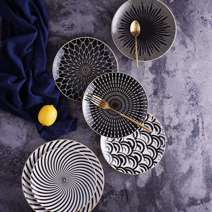 Porseleinen Bord Geometrisch Zwart Wit Goudrand Decoratief Tafelservies Set