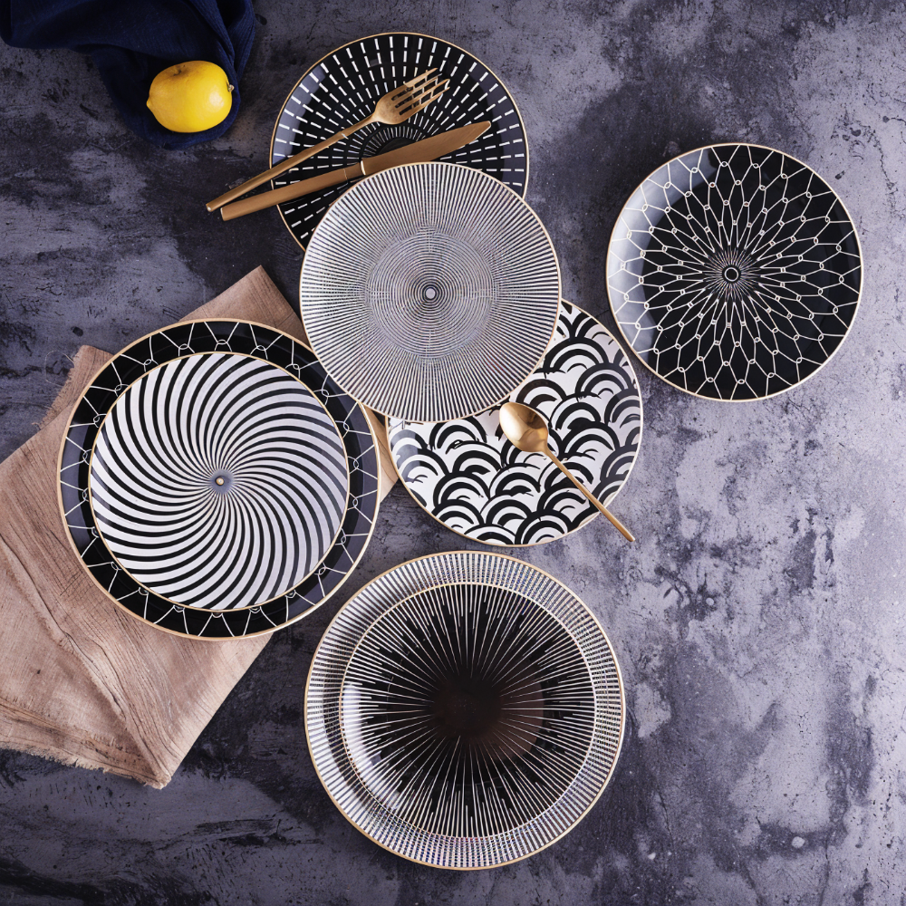 Porseleinen Bord Geometrisch Zwart Wit Goudrand Decoratief Tafelservies Set
