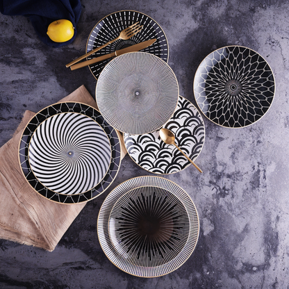 Porseleinen Bord Geometrisch Zwart Wit Goudrand Decoratief Tafelservies Set