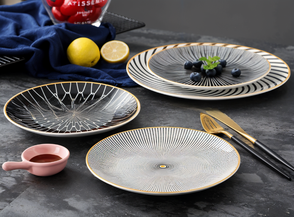 Porseleinen Bord Geometrisch Zwart Wit Goudrand Decoratief Tafelservies Set