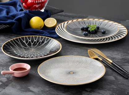 Porseleinen Bord Geometrisch Zwart Wit Goudrand Decoratief Tafelservies Set