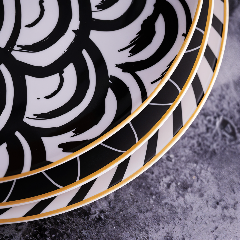 Porseleinen Bord Geometrisch Zwart Wit Goudrand Decoratief Tafelservies Set