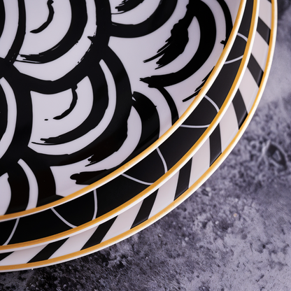 Porseleinen Bord Geometrisch Zwart Wit Goudrand Decoratief Tafelservies Set