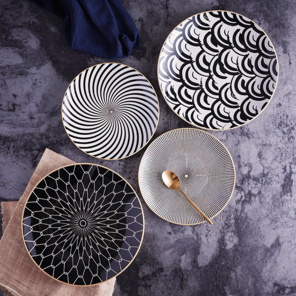 Porseleinen Bord Geometrisch Zwart Wit Goudrand Decoratief Tafelservies Set