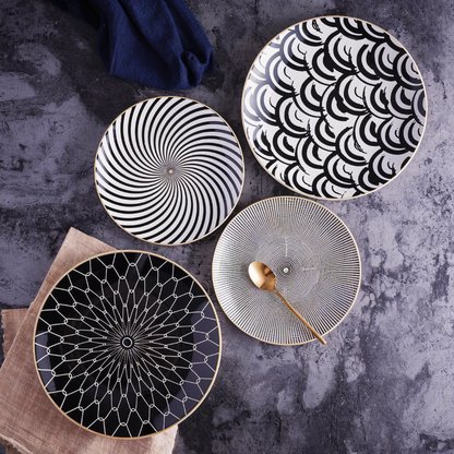 Porseleinen Bord Geometrisch Zwart Wit Goudrand Decoratief Tafelservies Set
