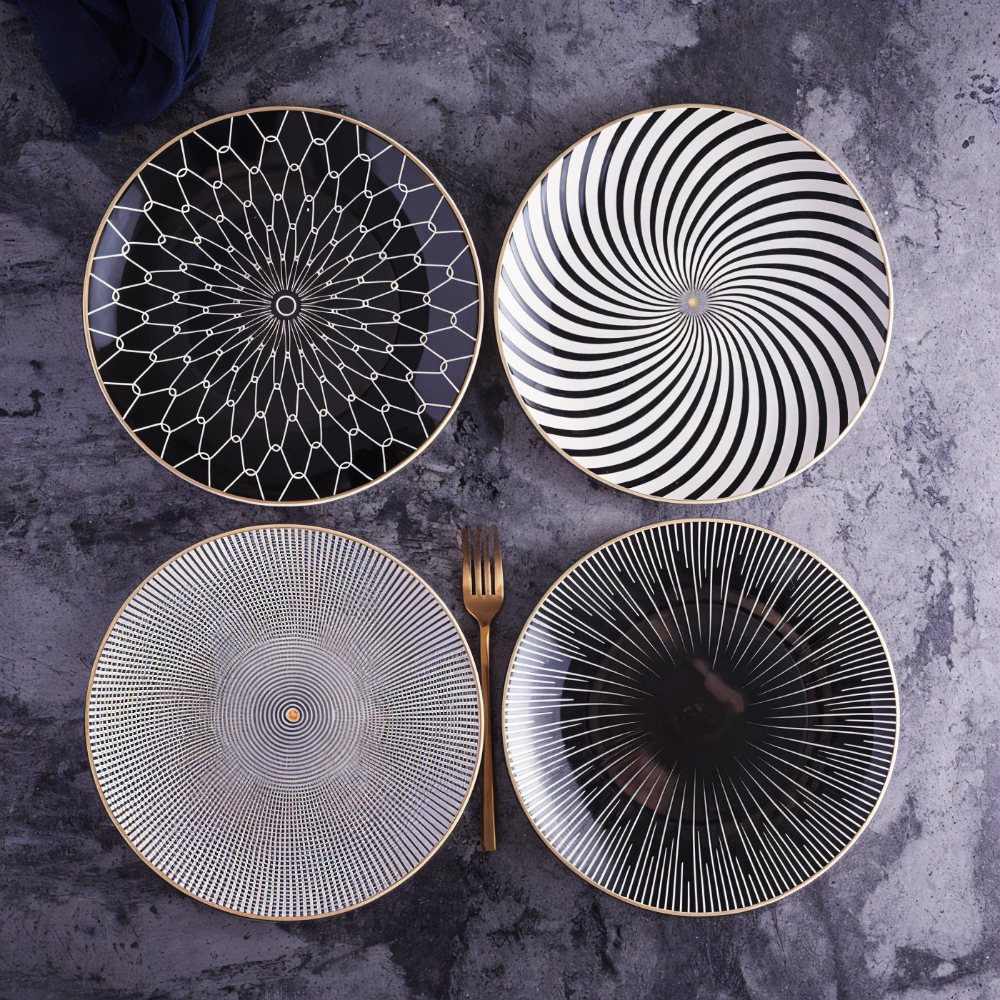 Porseleinen Bord Geometrisch Zwart Wit Goudrand Decoratief Tafelservies Set