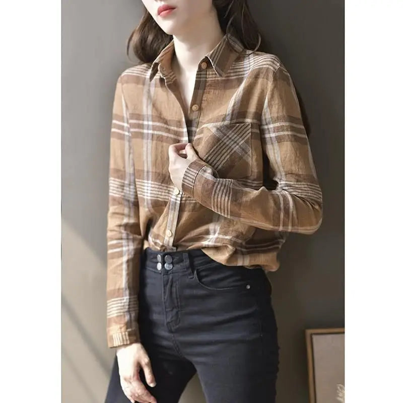 Vrouwelijke Checkered Bloes Casual Stijl