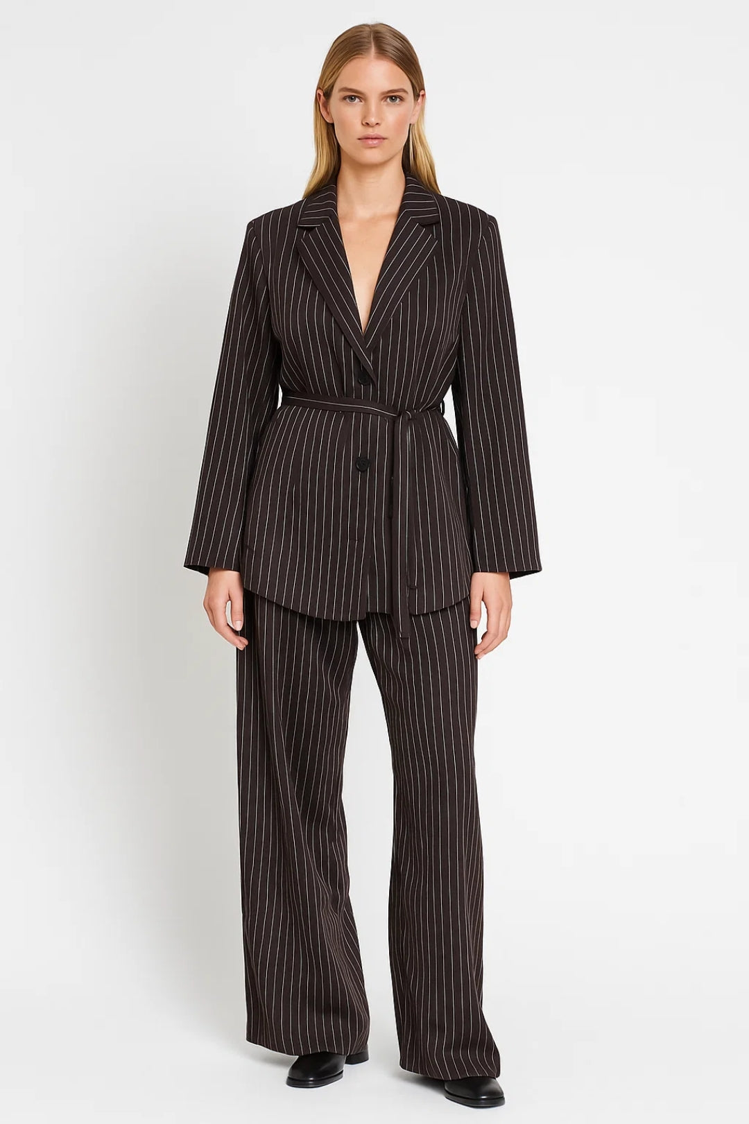 Dames Blazer Set met Ceintuur en Wijde Broek Elegant - StudioMarella