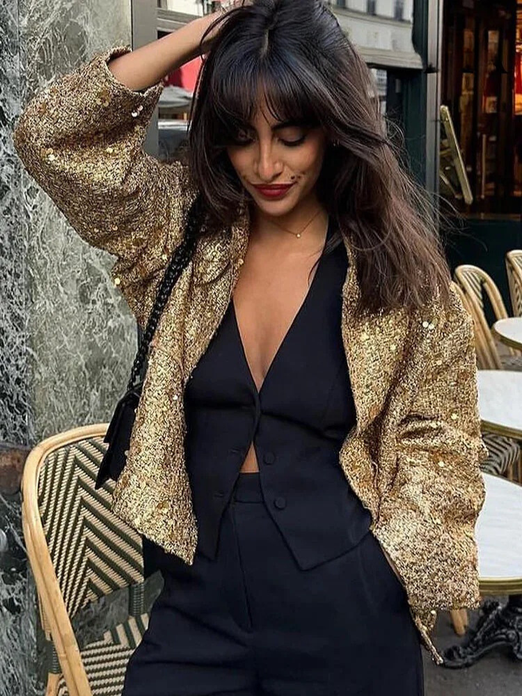 Gina Dames Jasje | Gouden Lovertjes, Elegant Polyester 1
