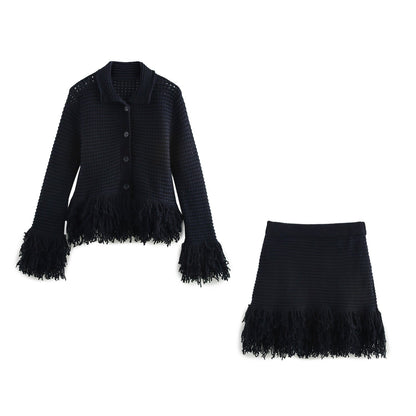 Dames Gebreide Set Jas en Rok met Ruches Stijlvol Comfortabel - StudioMarella